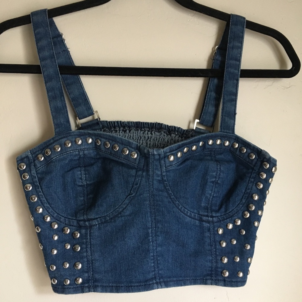 Denim crop top studded bra bustier cottagecore prairie cowboy